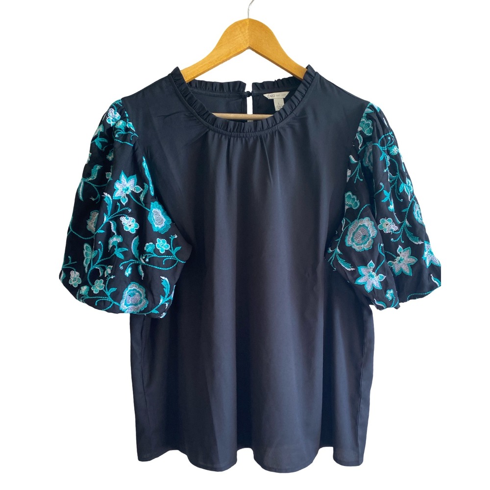 Cato Womens Large Black Puff Sleeve Floral Embroidered Ruffle Neck‎ Blouse Top